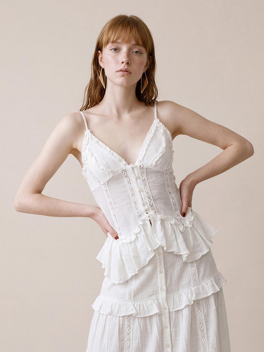 Ruffled Lace V-Neck Button Front Sleeveless Cami Top
