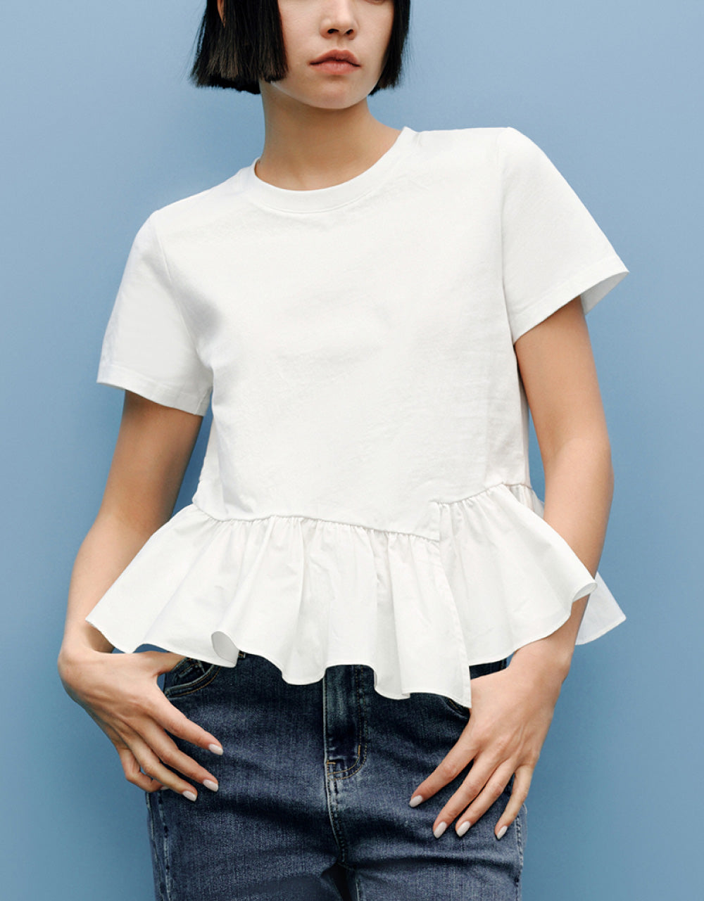 Crew Neck Ruffle Hem T-Shirt