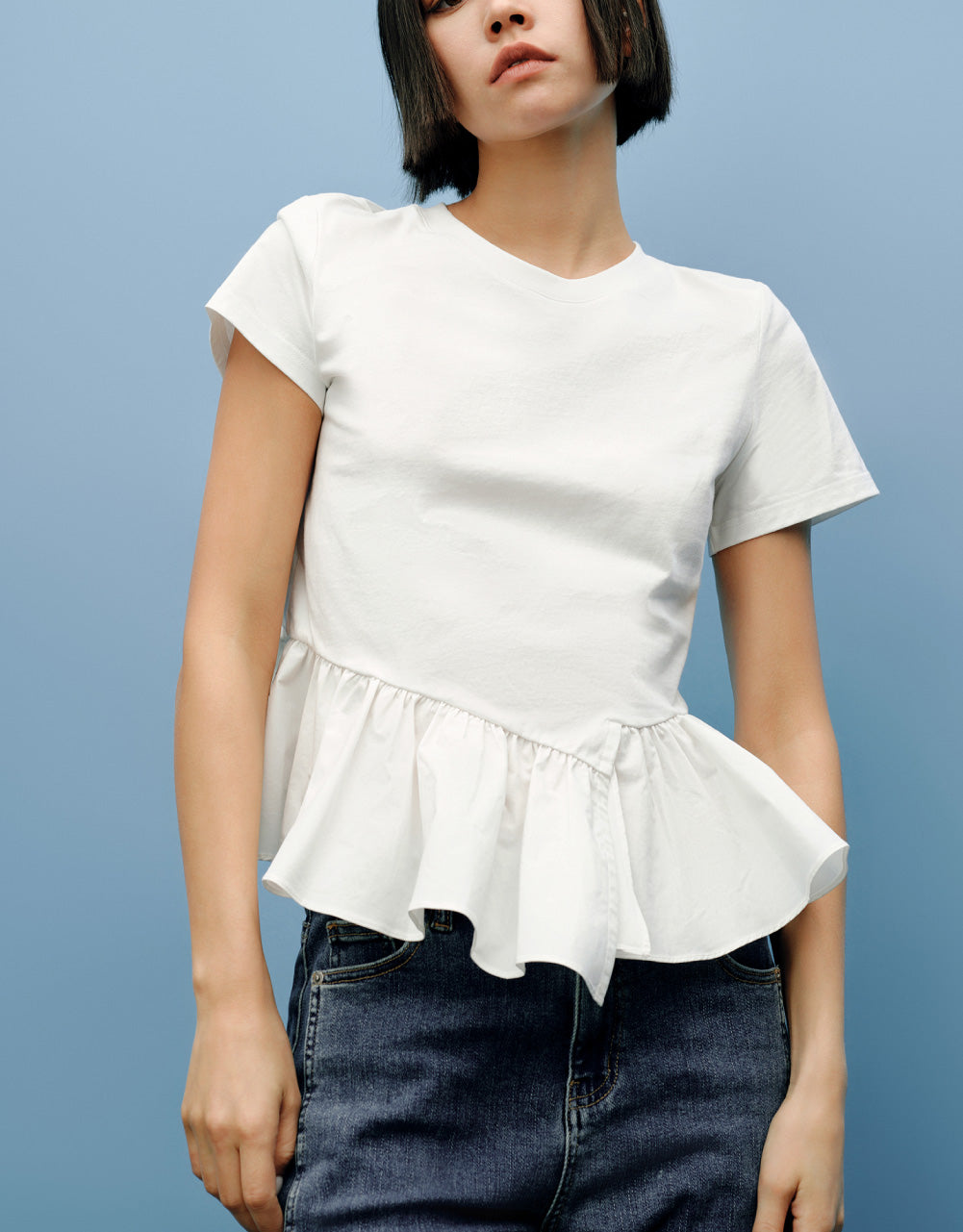 Crew Neck Ruffle Hem T-Shirt