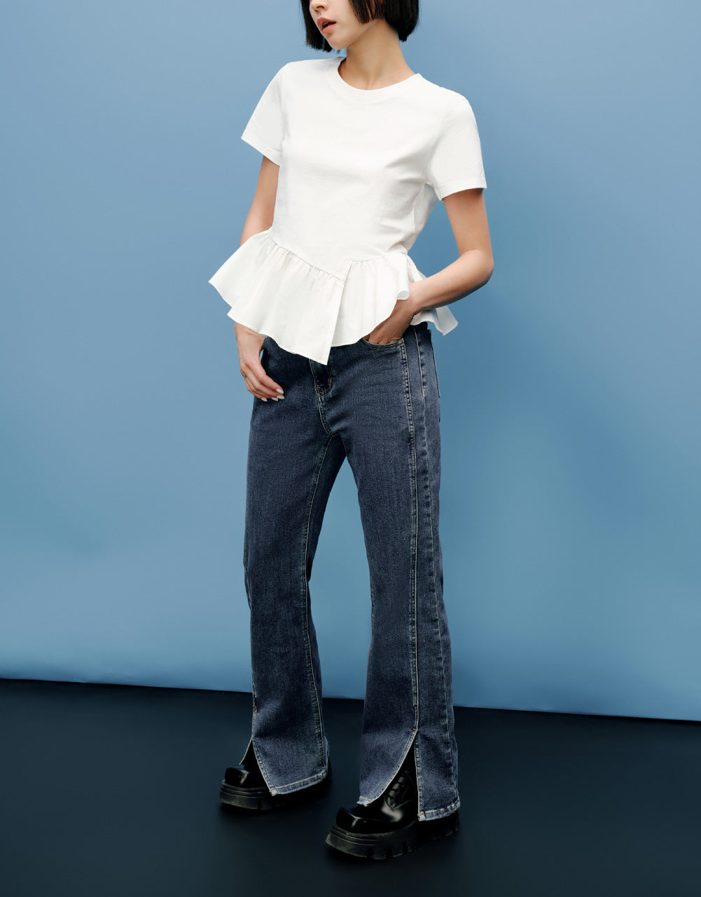 Crew Neck Ruffle Hem T-Shirt