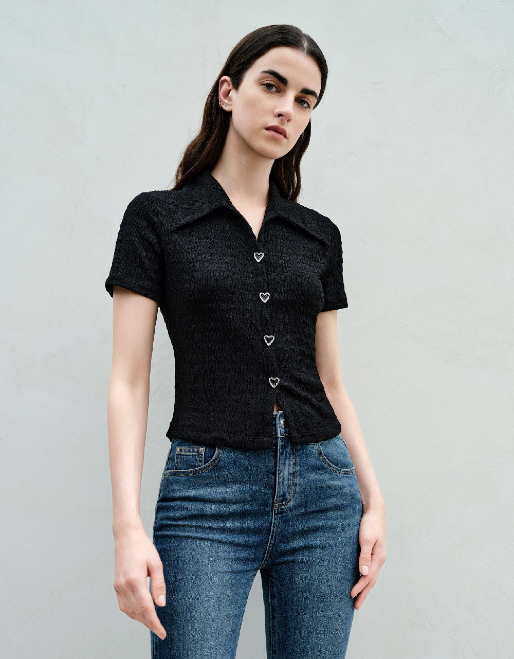Heart Buttons Decor Shirred T-Shirt