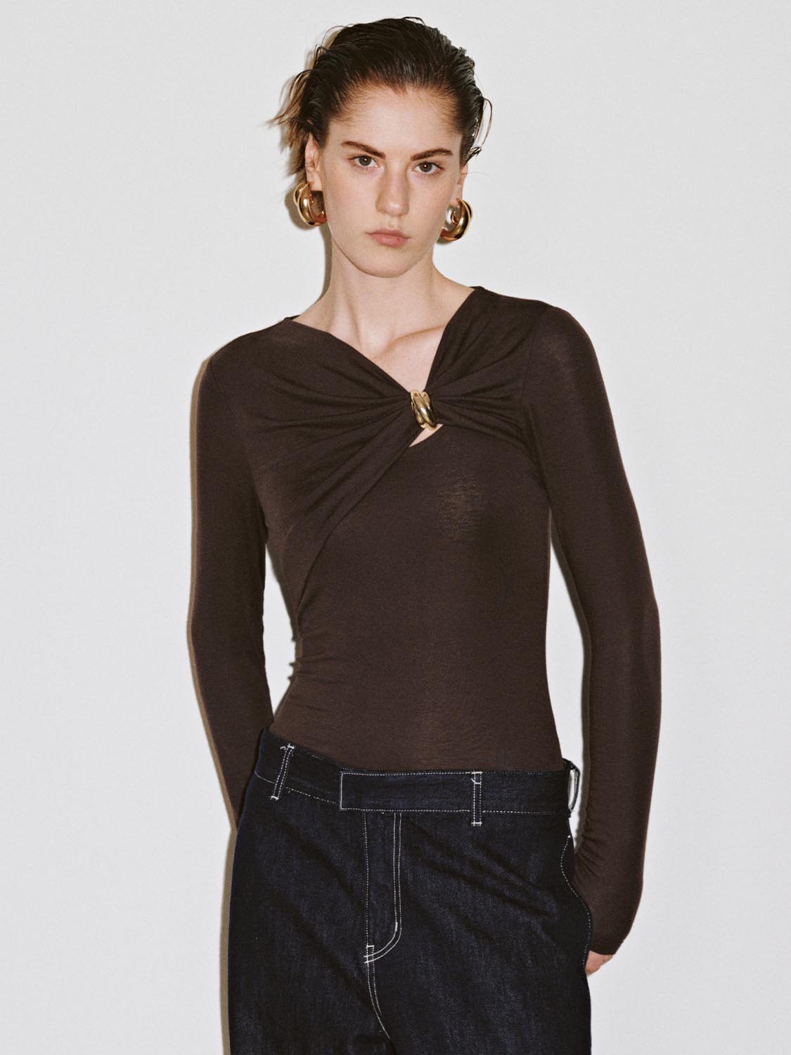 Draped Asymmetric Long Sleeve T-Shirts