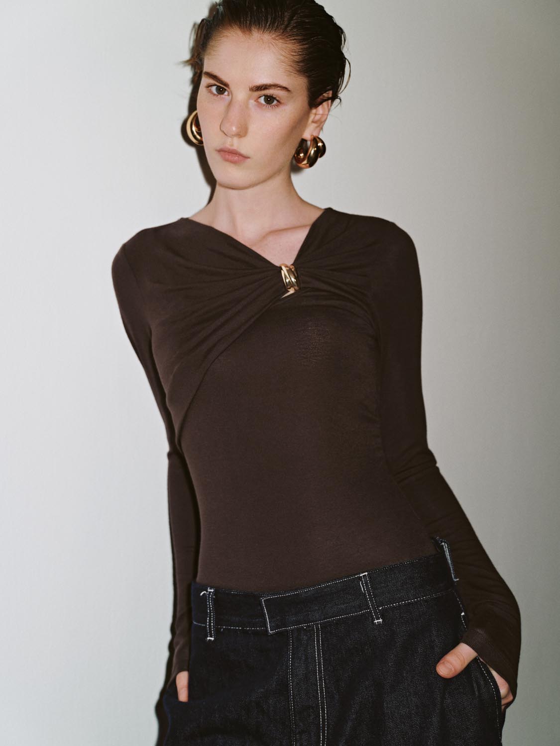 Draped Asymmetric Long Sleeve T-Shirts