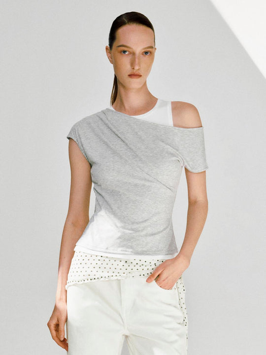 2 In 1 Contrast Asymmetric Draped T-Shirts