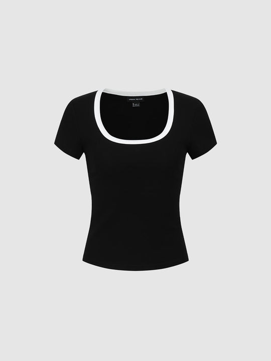 Short Sleeve Scoop Neck Contrast Trim Blend Fabric T-Shirt