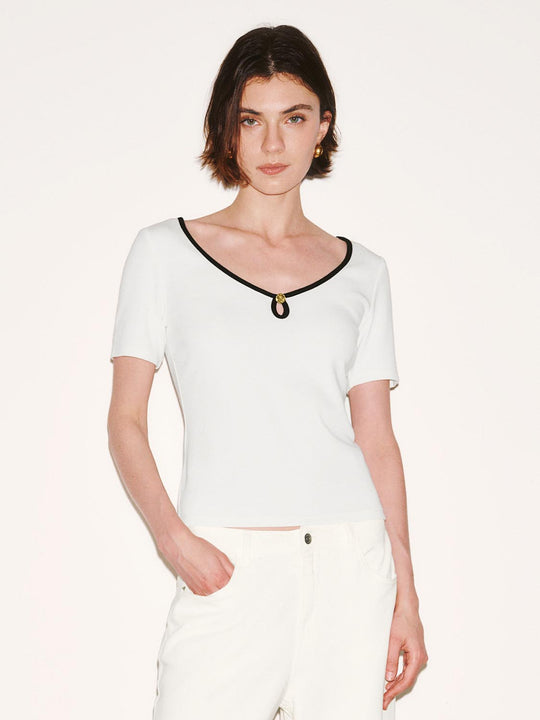 Contrast Trim Scoop Neck Slim Fit Knit T-Shirt
