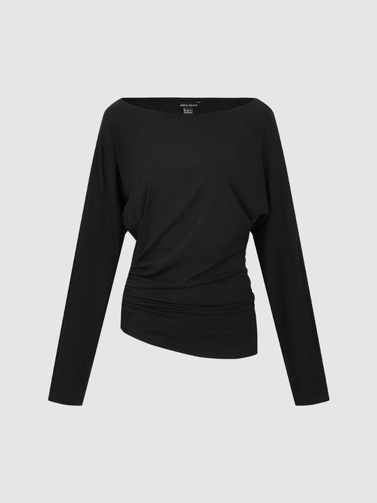Boat Neck Cinched Waist Long Sleeve T-Shirts