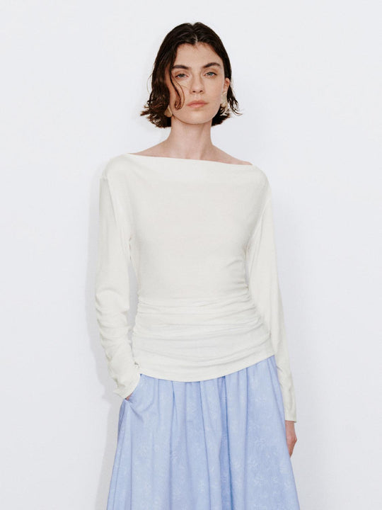 Asymmetric One Shoulder Ruched Long Sleeve T-Shirts