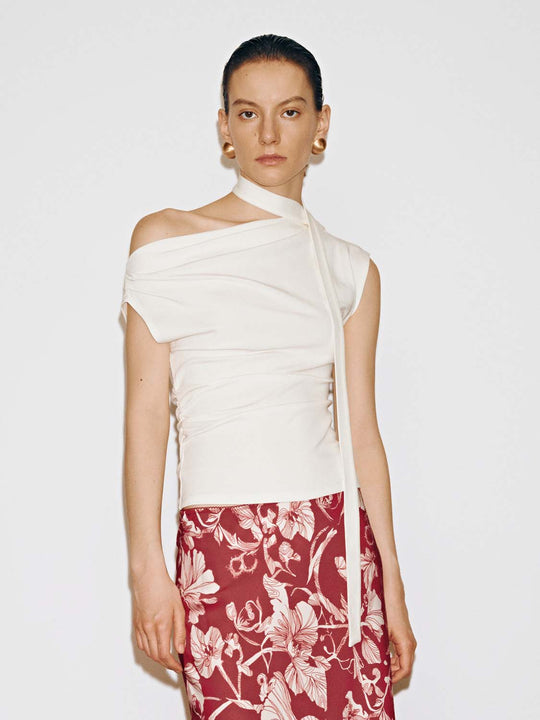 Scarf Neck One Shoulder Ruched T-Shirts