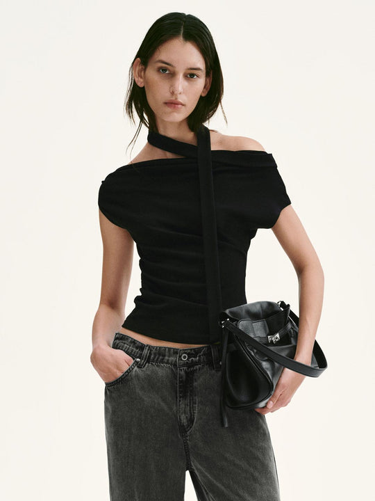 Scarf Neck One Shoulder Skinny-Fit Ruched T-Shirts