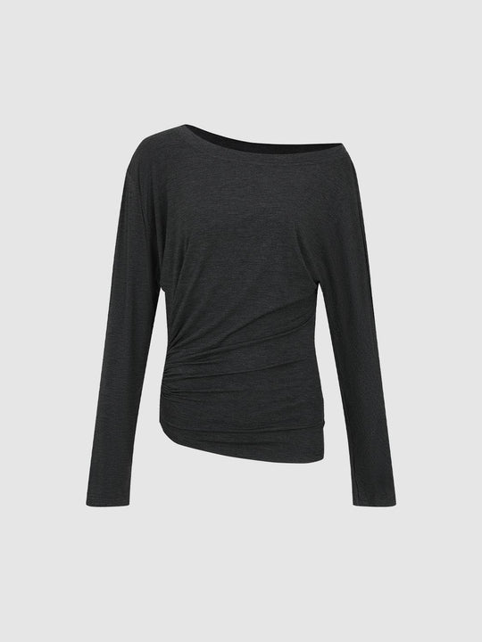 Twisted Ruched Asymmetric Hem Long Sleeve T-shirt