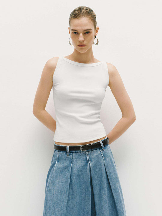 Boat Neck Thick Stretch Cotton Slim Sleeveless Crop Top