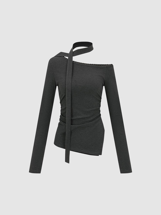 Asymmetric One Shoulder Wrap Knit Long Sleeve Top T-shirt