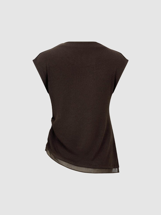 Ribbed Crew Neck Sleeveless Asymmetric Hem T-Shirt