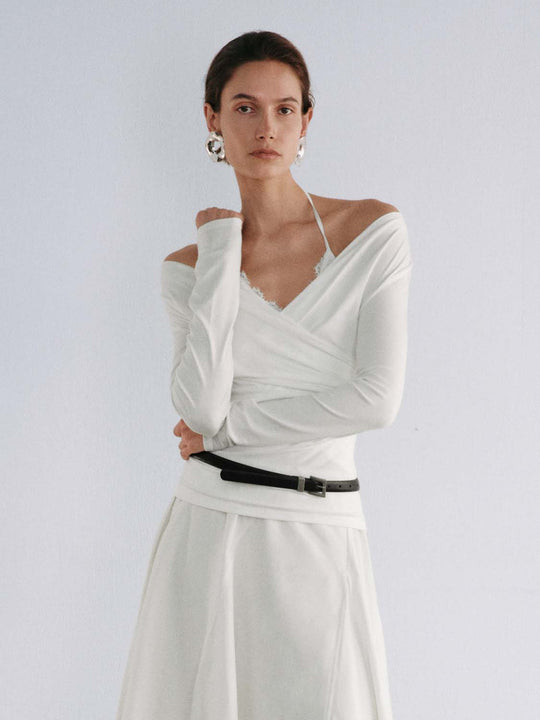 Ruched Wrap V-Neck Lace Trim Long Sleeve Top