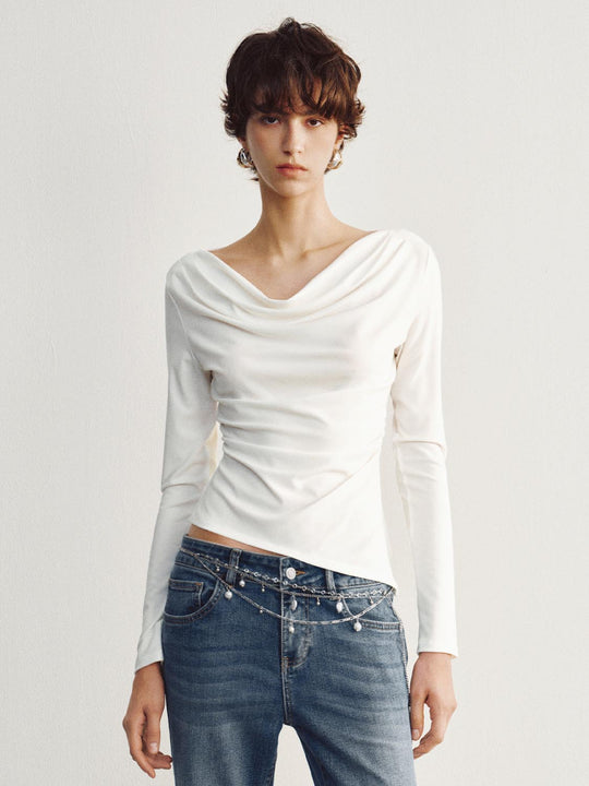 Draped Ruched Asymmetric Hem Long Sleeve T-Shirt