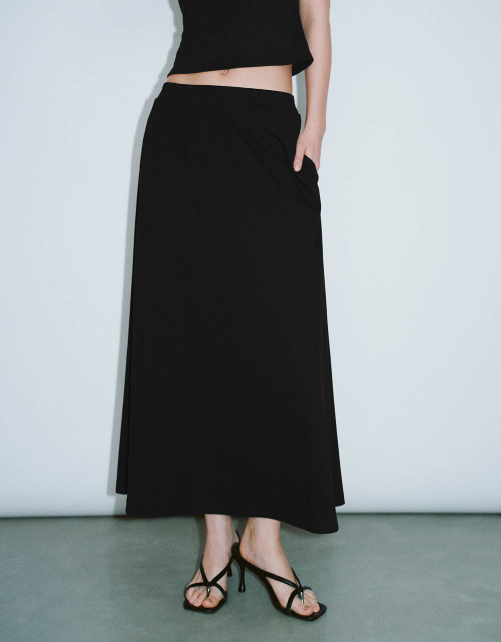 Elastic Waist Midi A-Line Skirt