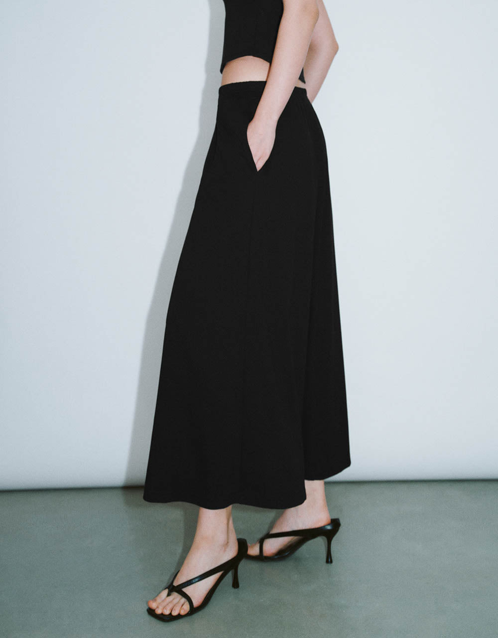 Elastic Waist Midi A-Line Skirt