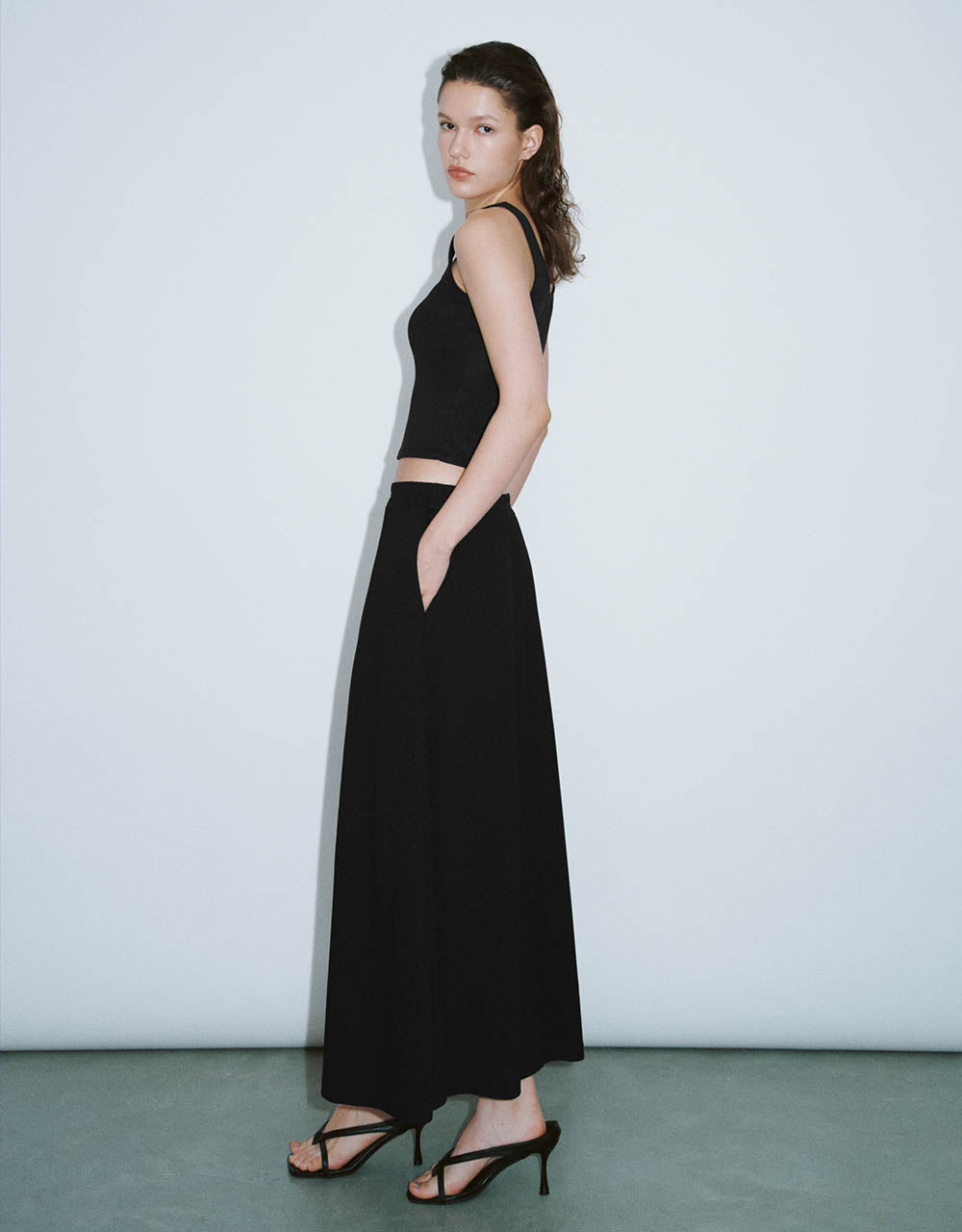 Elastic Waist Midi A-Line Skirt