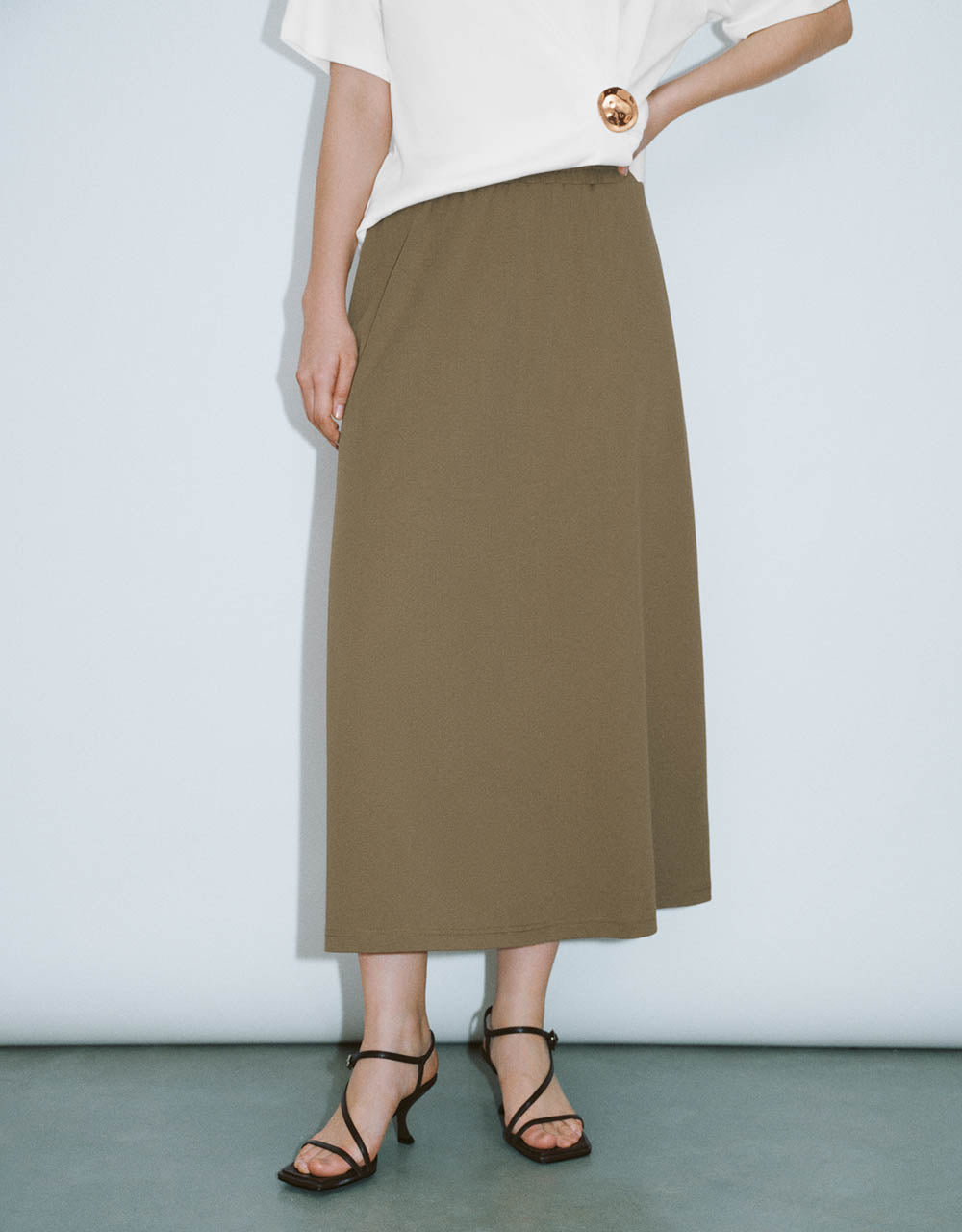 Elastic Waist Midi A-Line Skirt