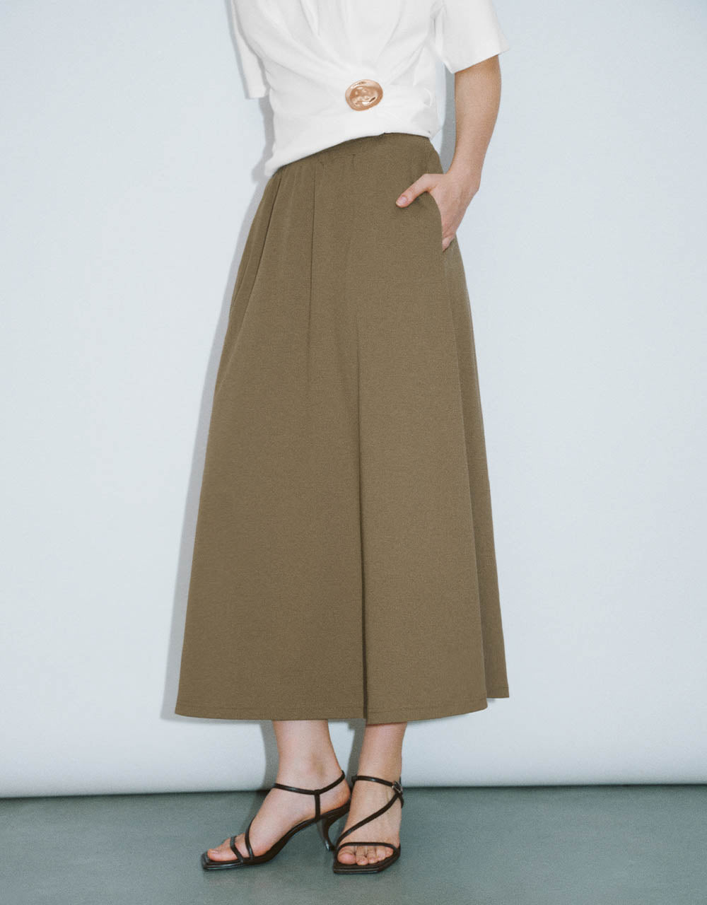Elastic Waist Midi A-Line Skirt