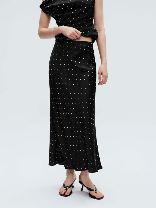 Fishtail Hem Polka Dot Satin Fabric Draped Midi Skirt