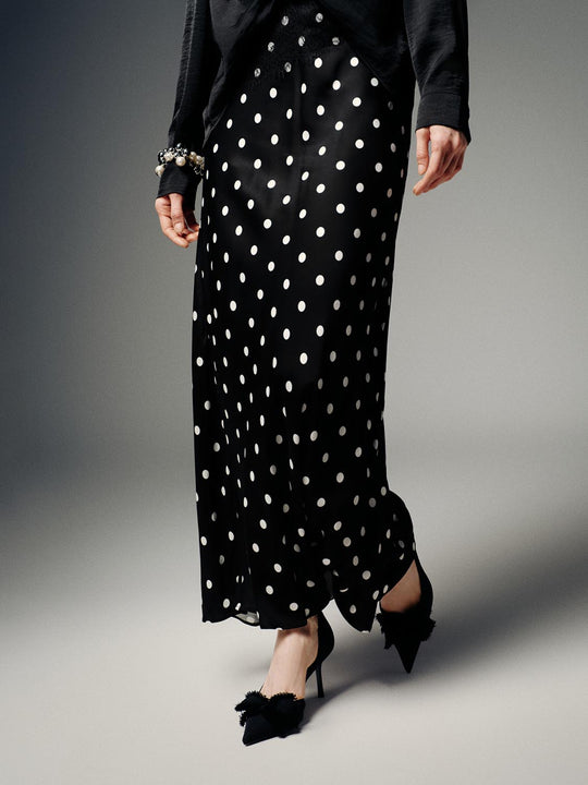 High Waist Polka Dot Fishtail Satin Midi Skirt