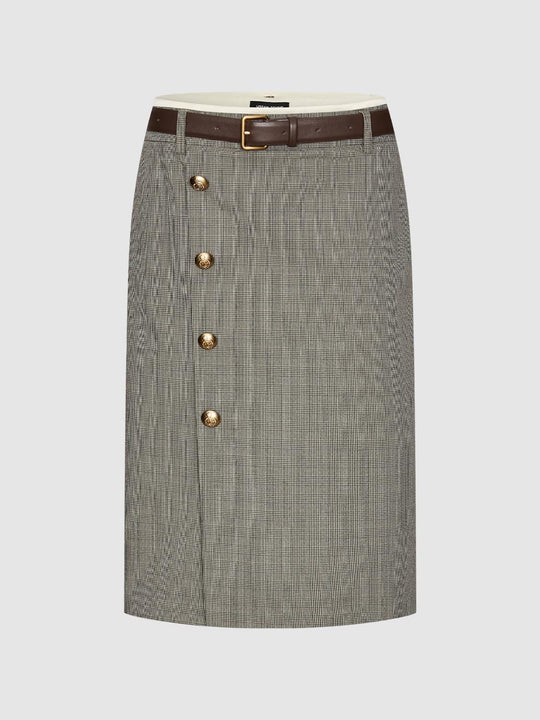 Belted Gold Button Detail Check Straight Midi Skirts