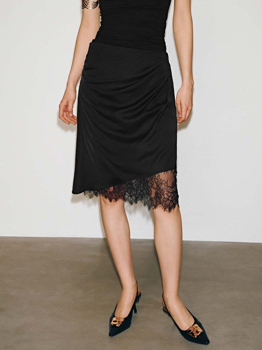Lace Trim Asymmetric Draped A-Line Midi Skirts