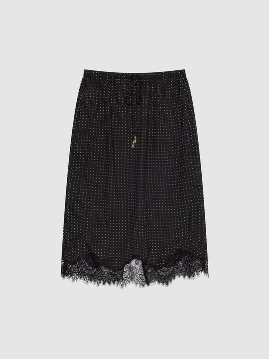 Polka-Dotted Drawstring Pull On Lace Trim Straight Midi Skirts