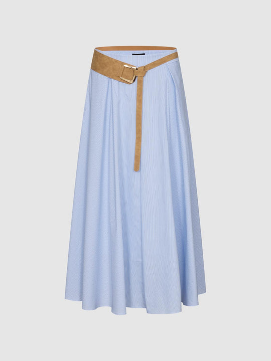 Tan Belted Pinstripe Cotton Blend Midi Skirt