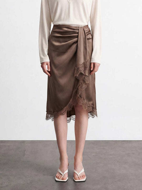 Draped Wrap With Lace Hem Midi Skirt