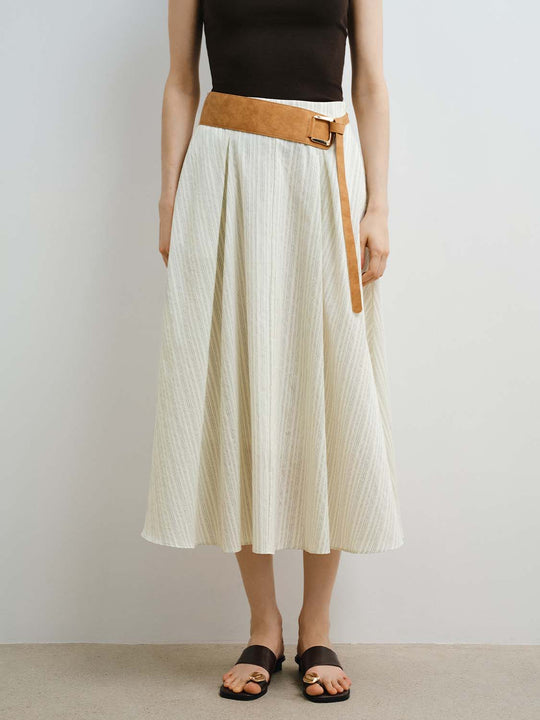 Cotton Stretch Pinstripe Belted Midi Skirt