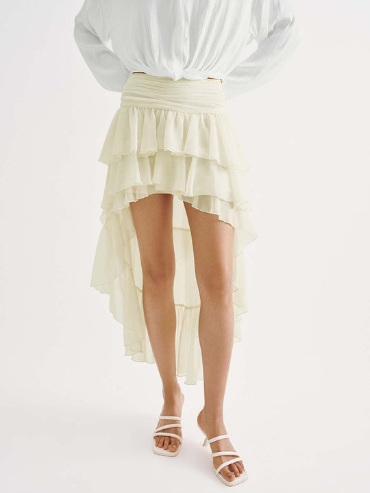 Layered Tiered Ruffle Cascade Lightweight A-Line Silhouette Draped Skirt