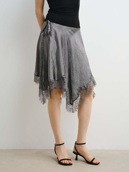 Metallic Wrap Satin Tie With Lace Hem Skirt