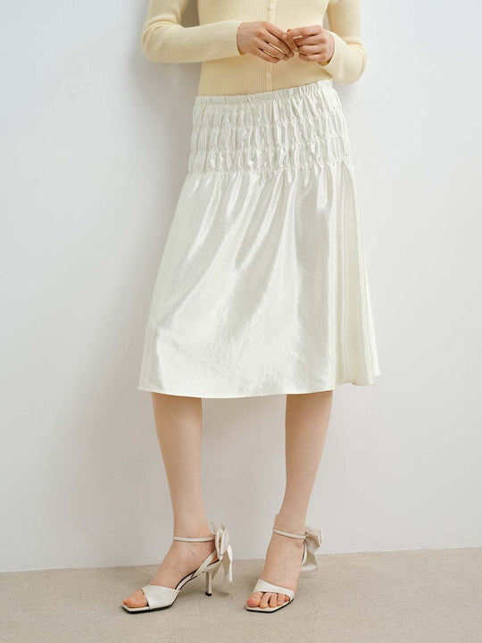 Shirred Waist Elasticized Tiered Panel With Subtle Shine Midi Featuring Ruched Seams Skirt