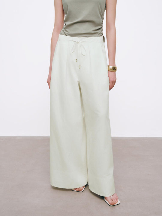 Linen Blend Drawstring Pull On Wide Leg Pants