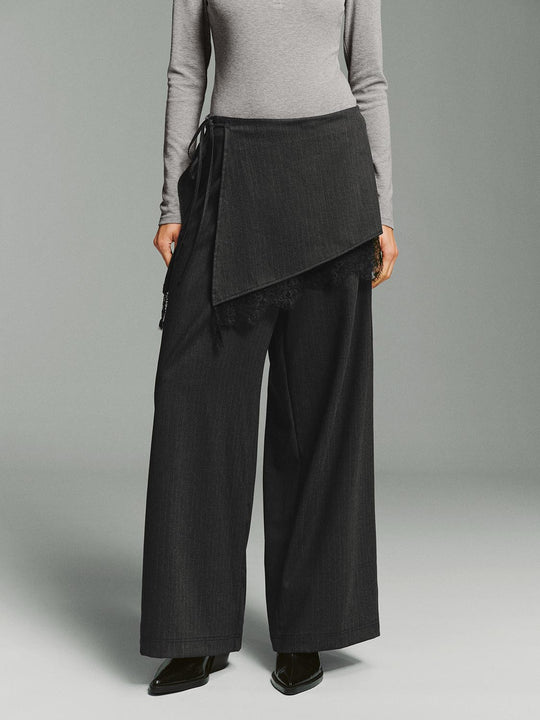 High-waisted Side Tie Wrap Lace Trim Wide-leg Pants