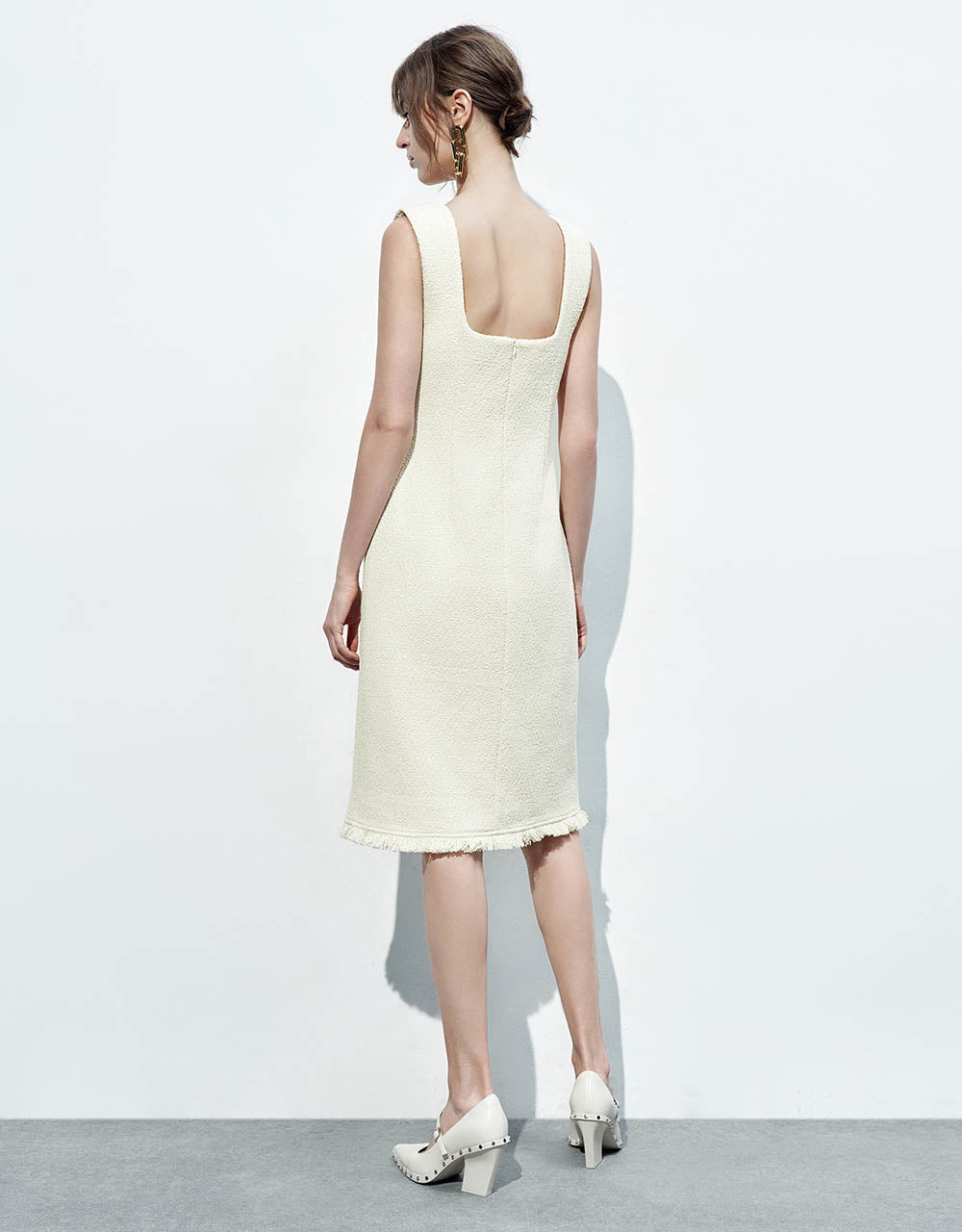 Sleeveless Raw Hem Tweed Dress