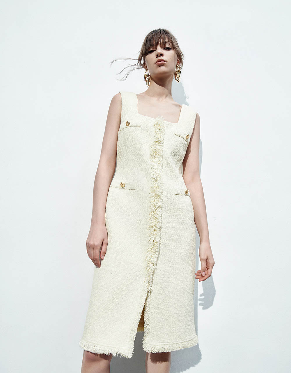 Sleeveless Raw Hem Tweed Dress