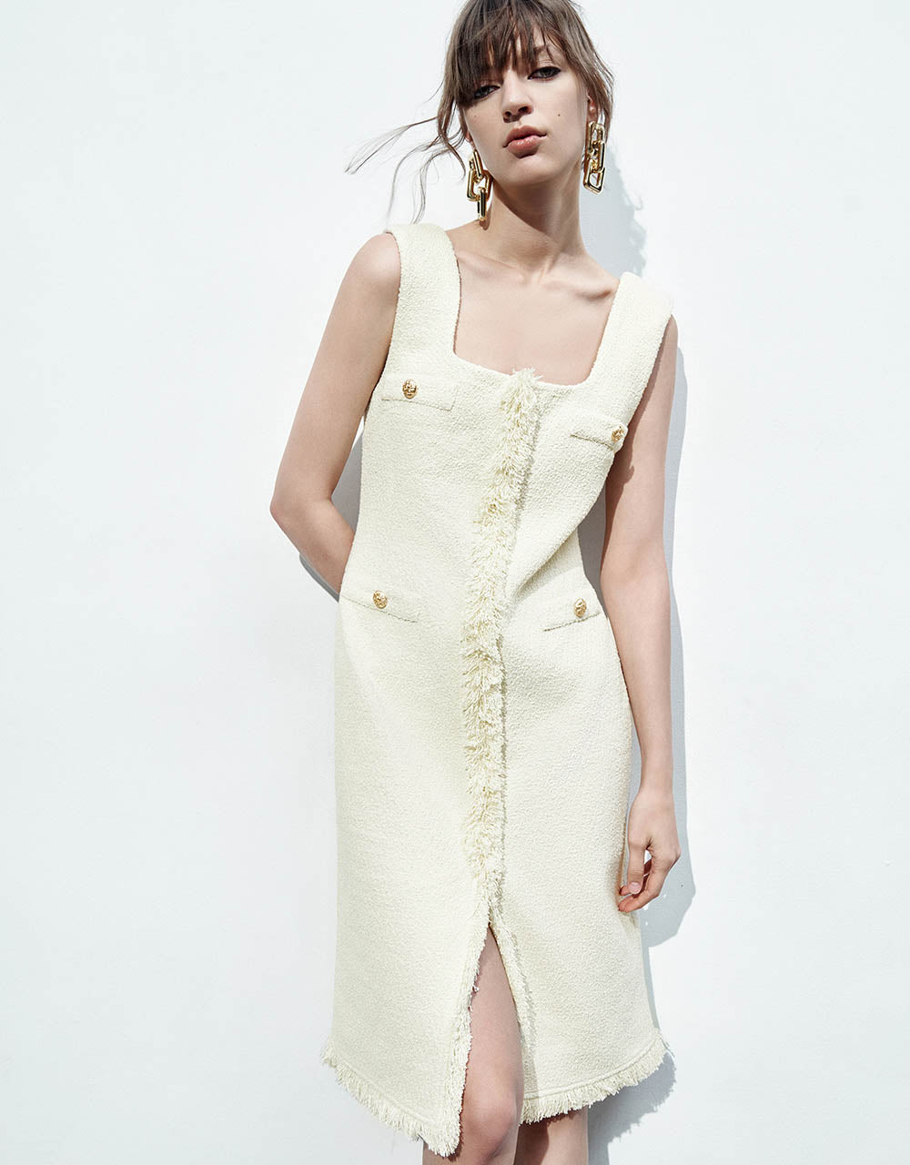 Sleeveless Raw Hem Tweed Dress