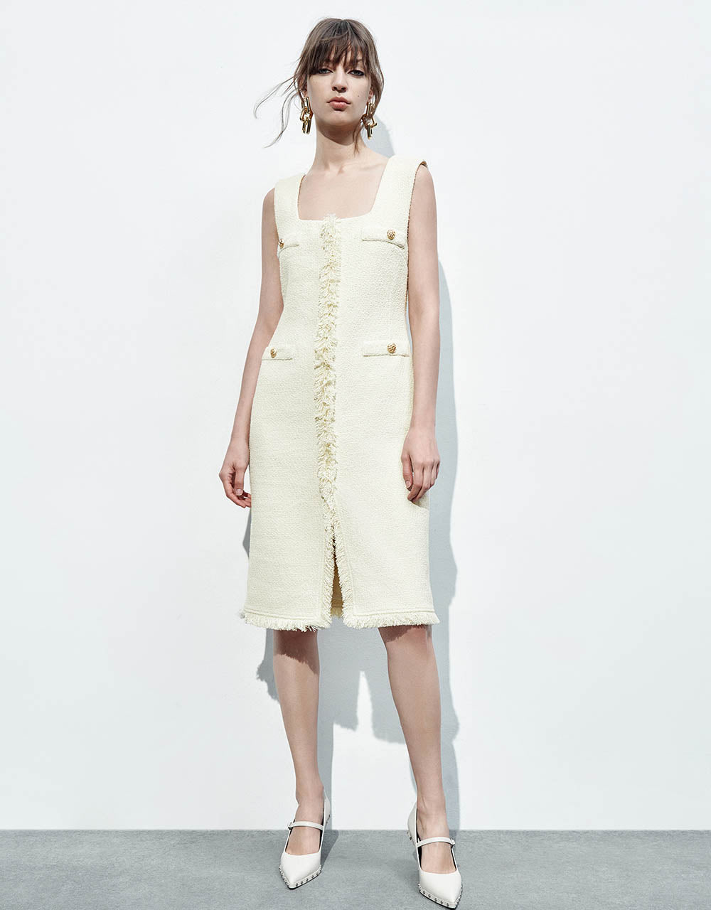 Sleeveless Raw Hem Tweed Dress
