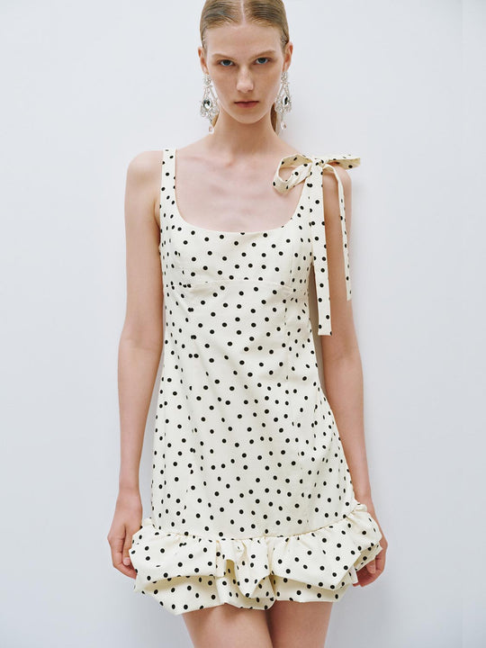 Square Neck Tie Strap Polka Dot Ruffle Hem Mini Dress