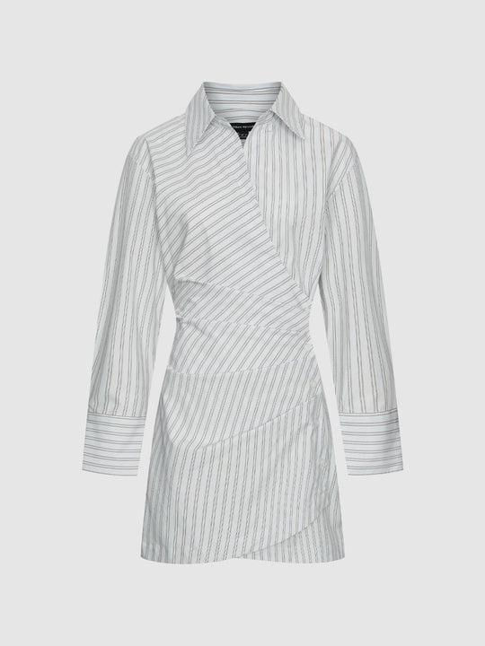 Striped Wrap Long Sleeve Cotton Shirt Mini Dress