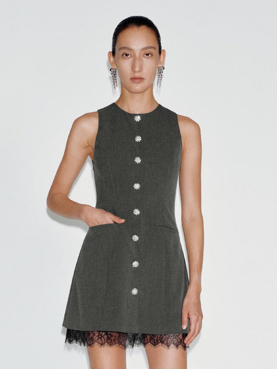 Buttoned Front A-line Lace Hem Charcoal Dress