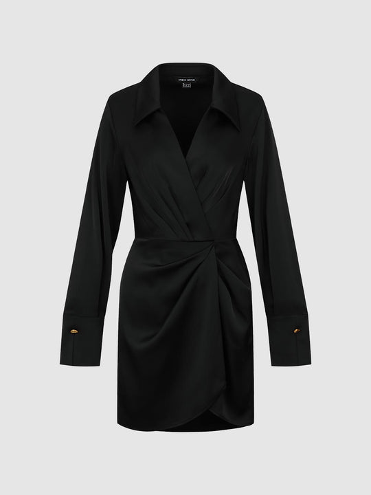 Black Draped Silk V Neck Wrap Midi Dress