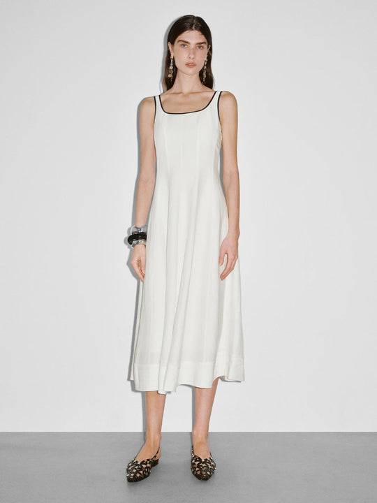Linen Blend U-Neck Contrast Trim Seamed Sleeveless A-Line Midi Dresses
