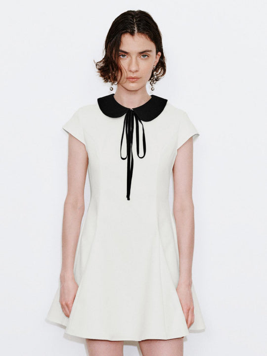 Contrast Collared Seamed Nipped Waist A-Line Midi Dresses