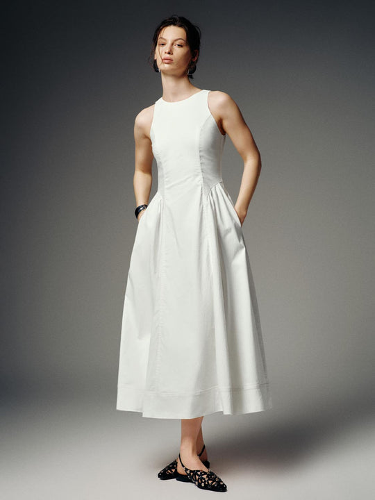 Linen Blend Sleeveless Seamed A-Line Midi Dresses