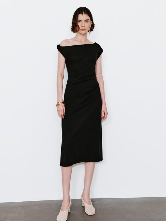 Asymmetric Fallen Shoulder Ruched A-Line Midi Dresses